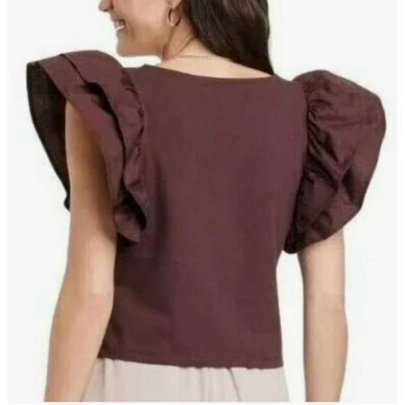 BROWN waist length Top short double ruffle flutter sleeves square neckline XL - Picture 3 of 9